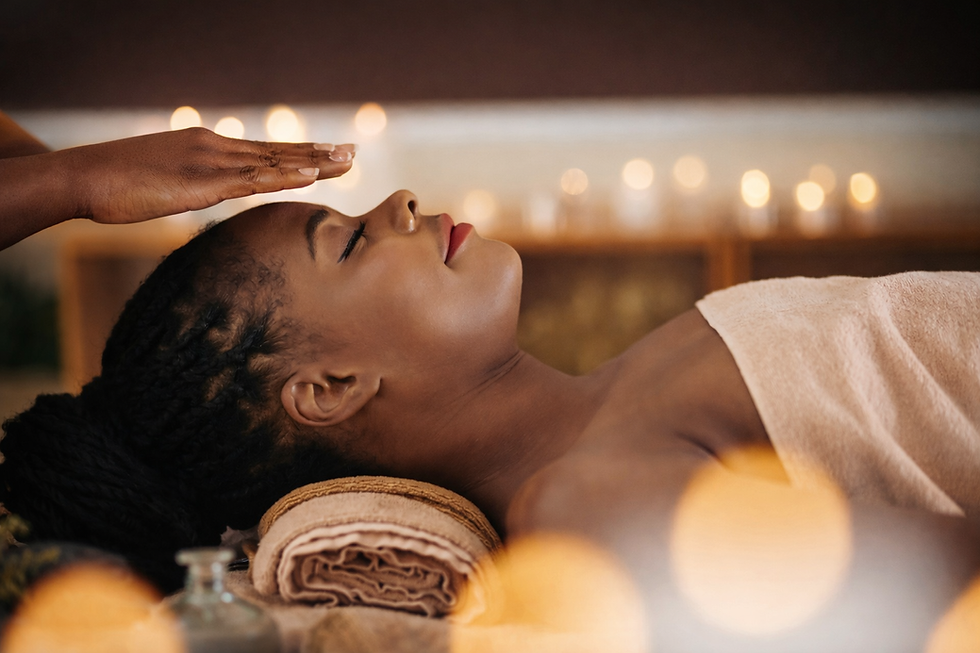 Eye-level view of a calm Reiki healing session with soft lighting and natural elements