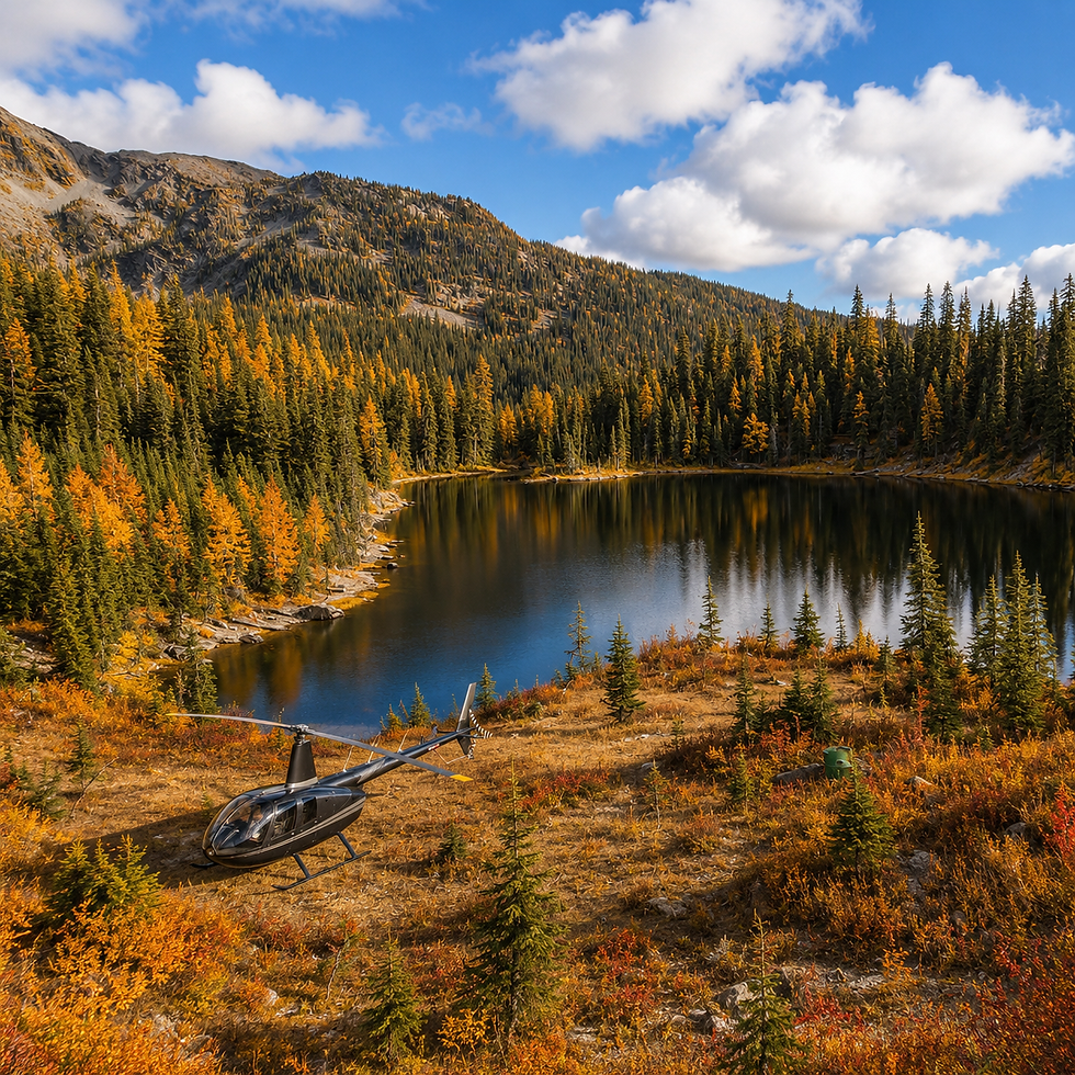 Hélicoptère noir posé près d’un lac de montagne dans les Appalaches, forêt d’automne dorée et ciel bleu nuageux.