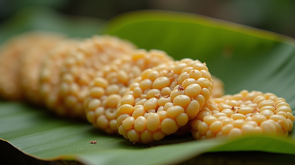 Close-up view of traditional millet snacks arranged on a banana leaf