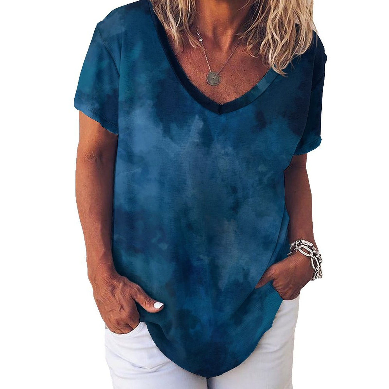 Blue Watercolor Women's Short-Sleeve V-Neck T-Shirt 1