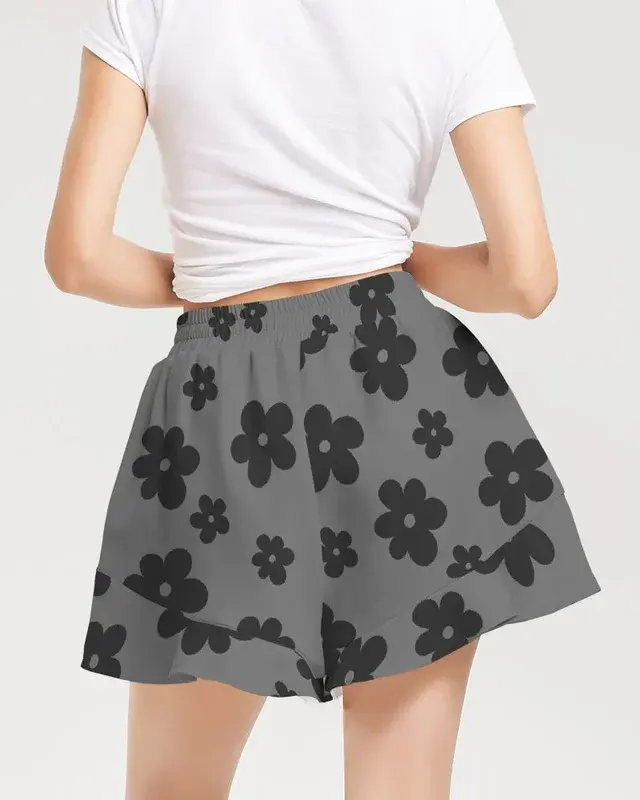 Grey Flowers Dark Women's Ruffle Shorts 2