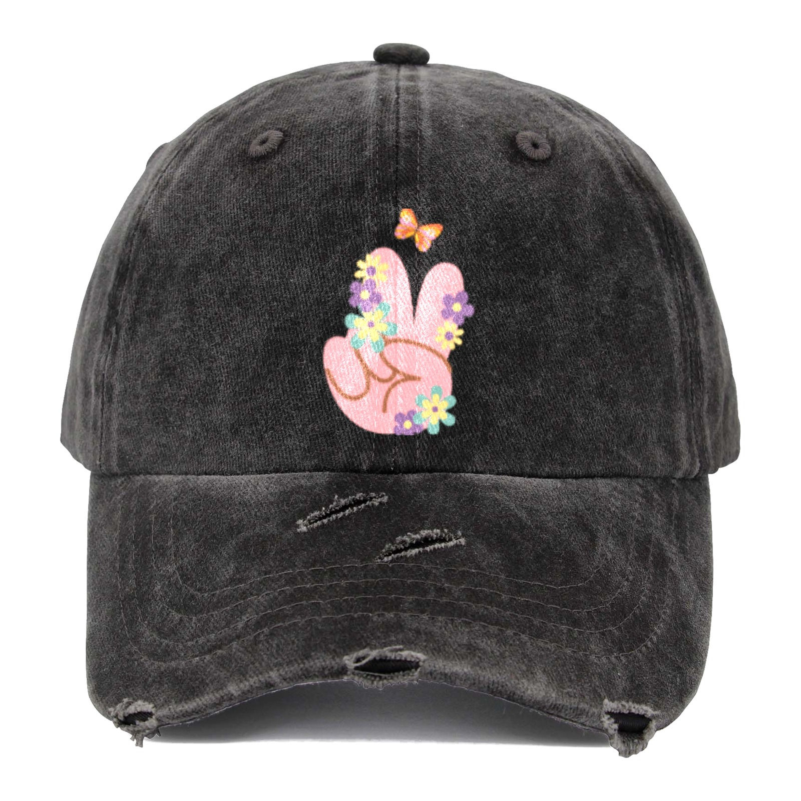 Peace Hand Distressed Baseball Cap Black Distress 1