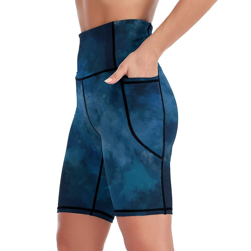 Blue Watercolor Knee-Length Yoga Shorts With Pockets