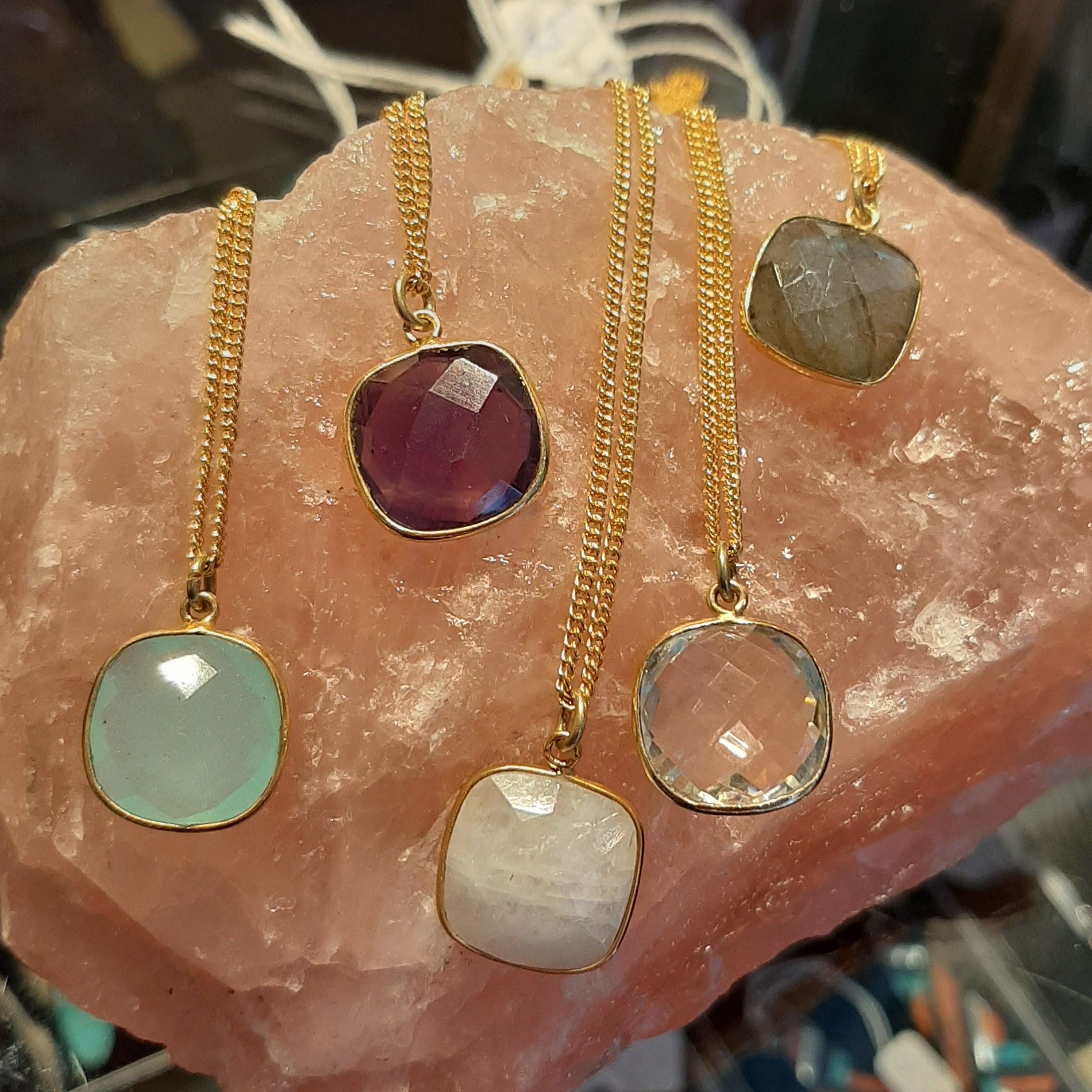 Semi precious stone pendants set in brass with 18" brass chain