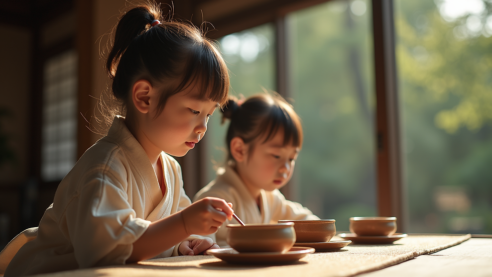 Wide angle view of children enjoying a tea ceremony in a tranquil setting