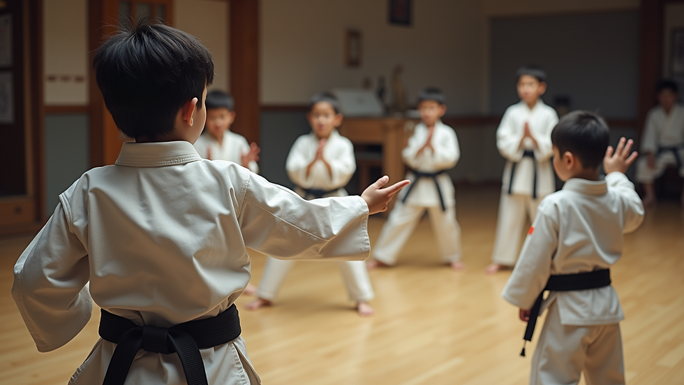High angle view of children participating in a traditional Japanese martial arts class