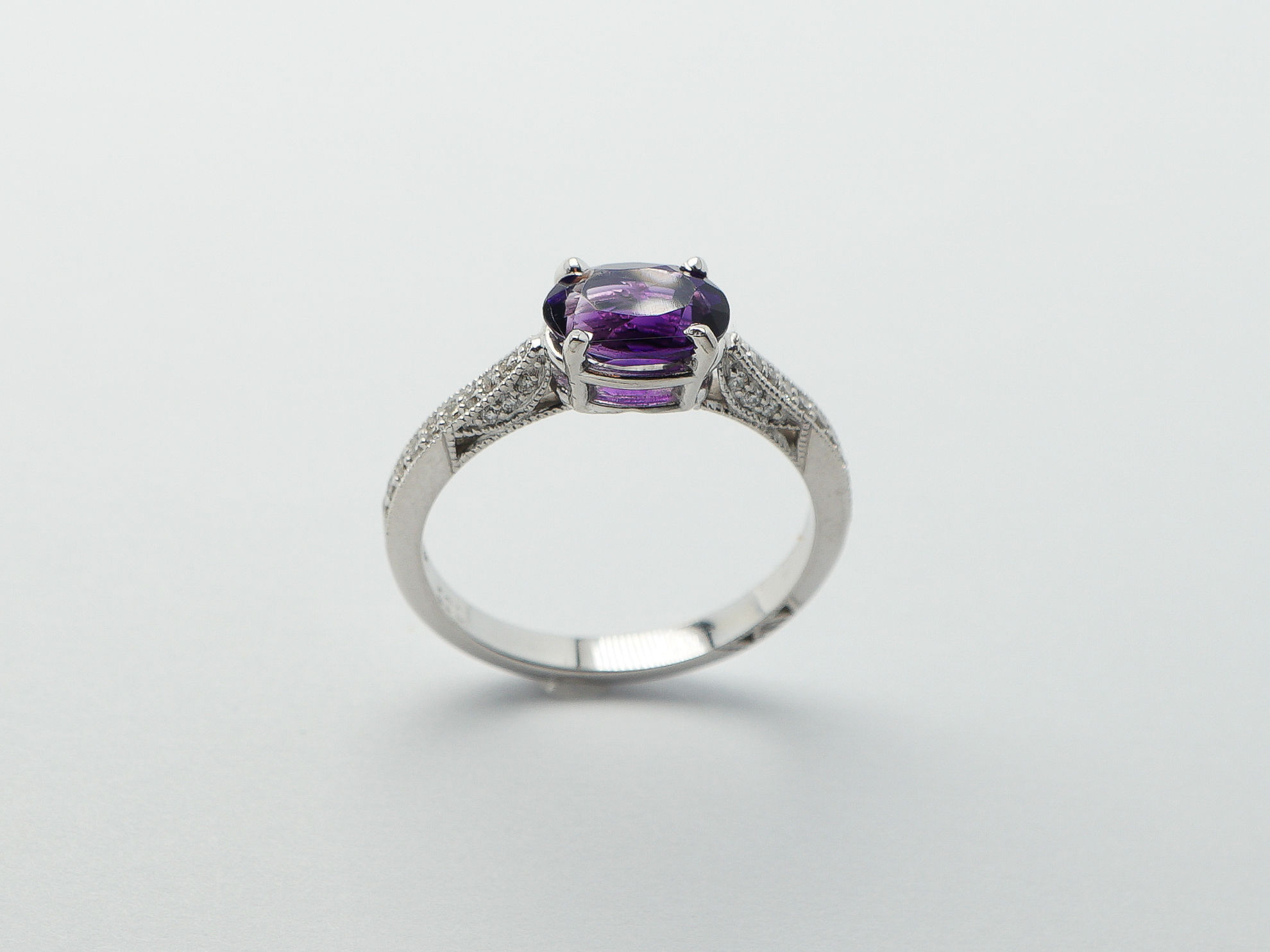 14 karat white gold amethyst and diamond ring