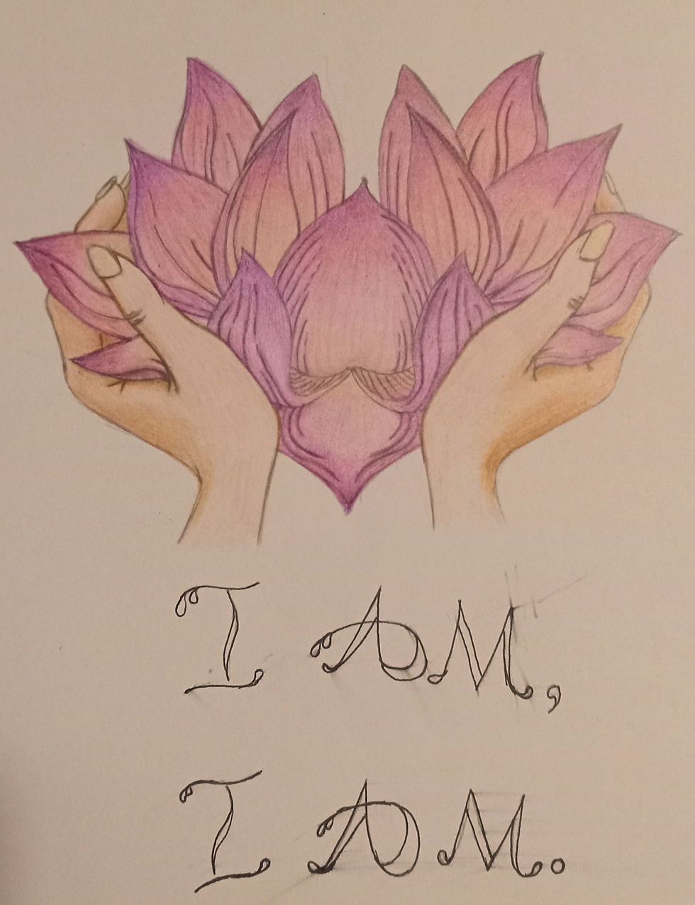 Hands gently cradle a blooming pink lotus, symbolizing creation and self-awareness, with the affirming message "I am, I AM."