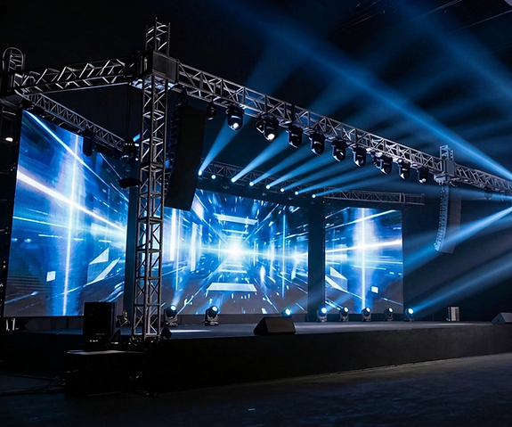 Corporate event AV production with LED screen and stage lighting in Dubai