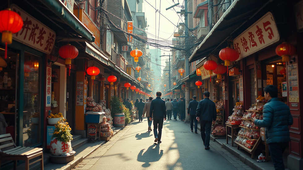 High angle view of a busy Chinatown street with shops and pedestrians