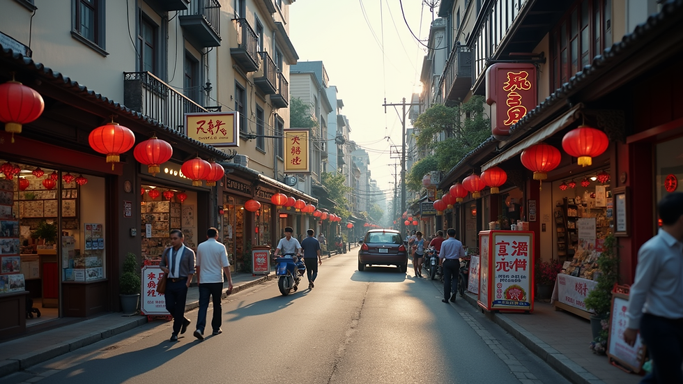 Eye-level view of a busy street with Chinese community shops