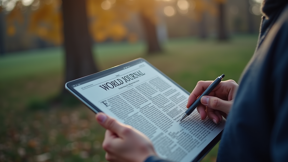 Close-up view of a person reading World Journal on a tablet