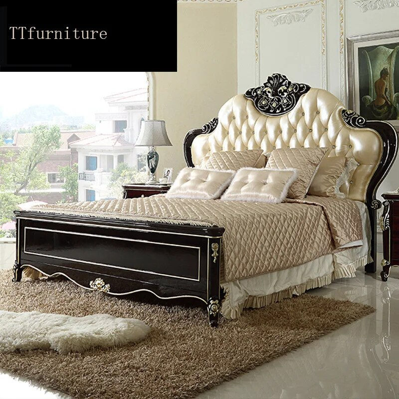 modern european Italian solid wood genuine leather bed Fashion Carved luxuriou