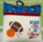 Pillow featuring sport theme fabric and embroidered design of football basketball and balls.