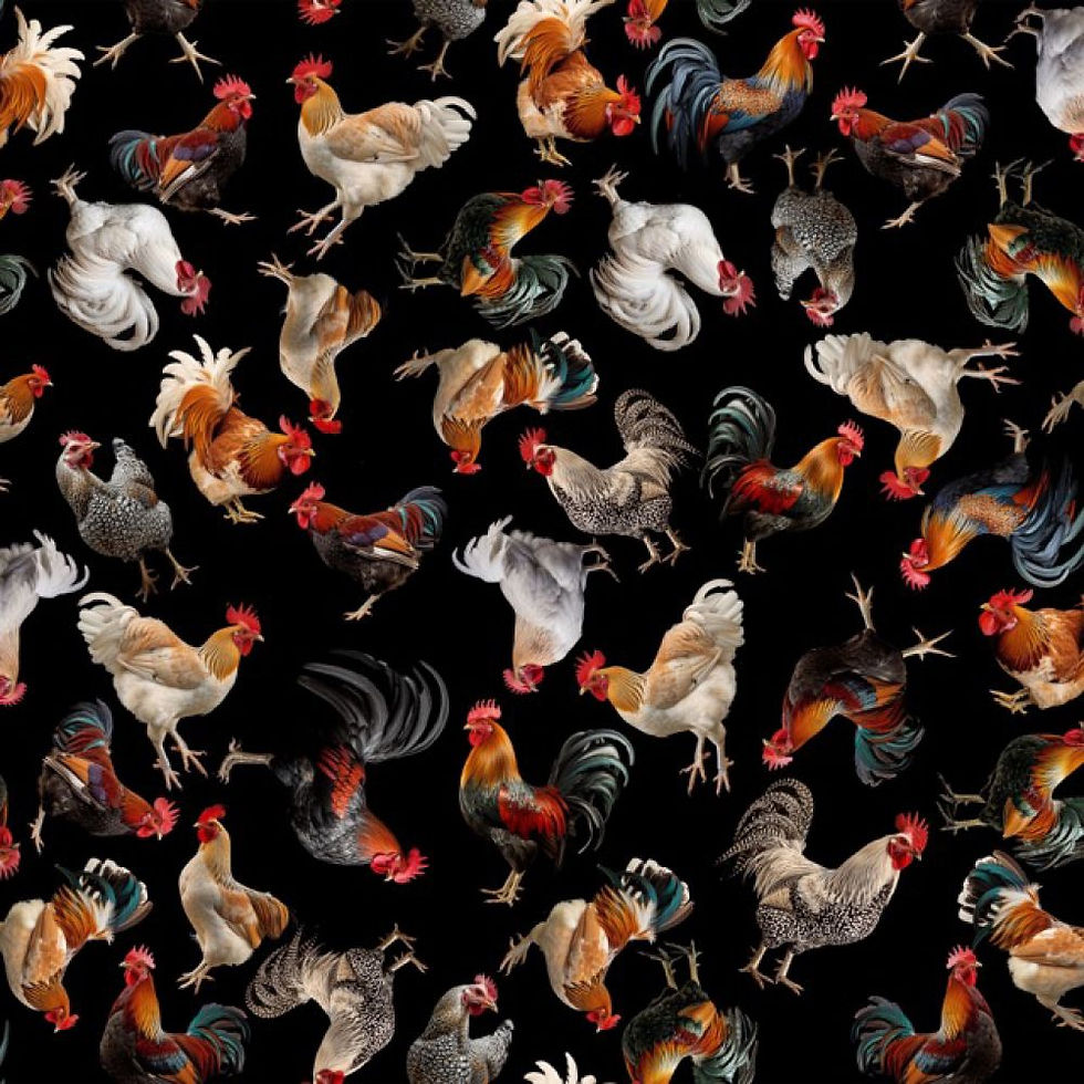 Colorful roosters on a black background fabric