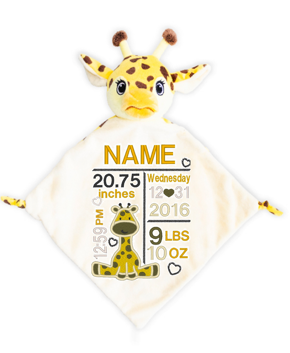 Giraffe Plush Security Blanket Birth Announcement Text