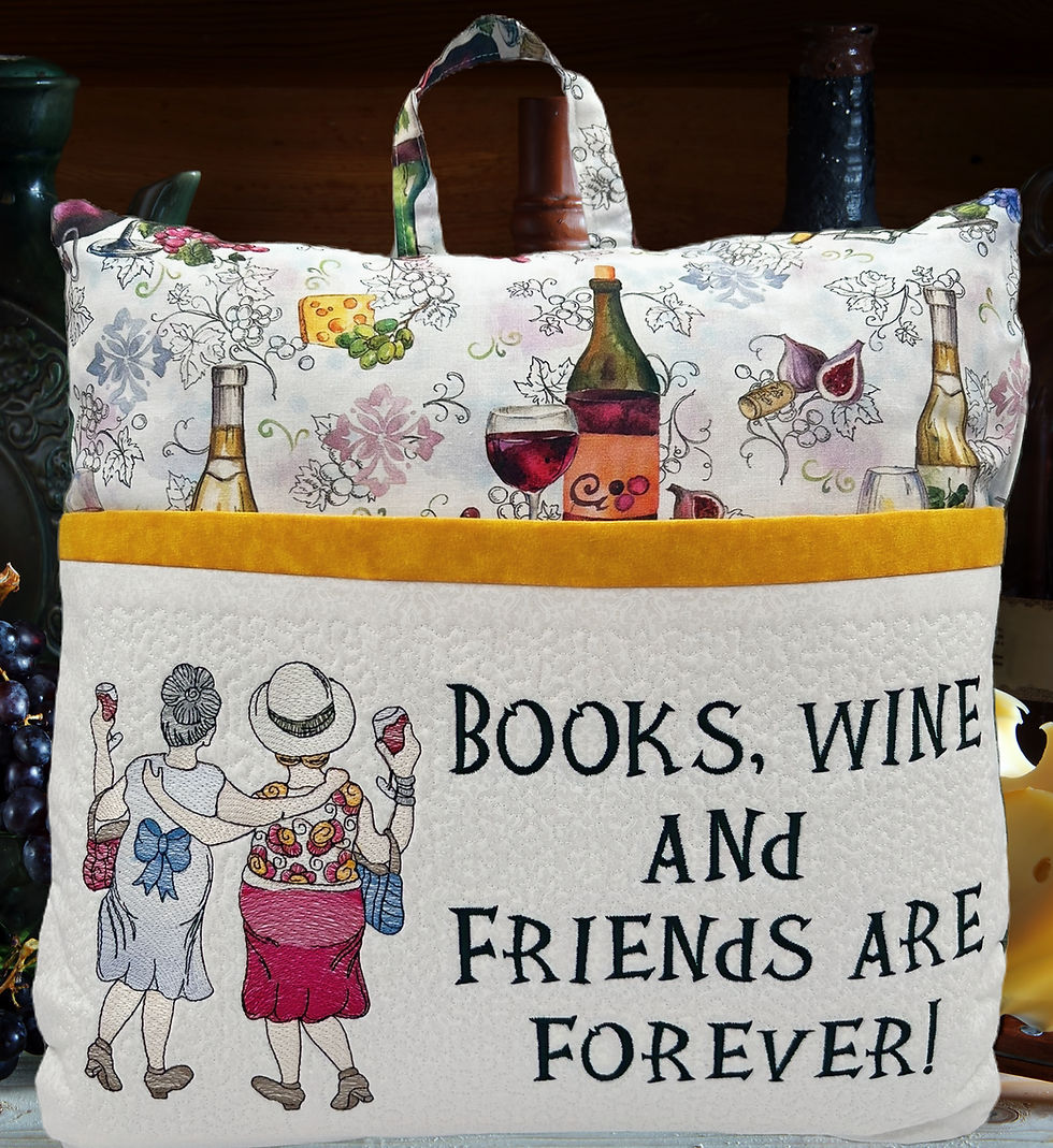 Pillow feature two older ladies celebrating friendship with wine
