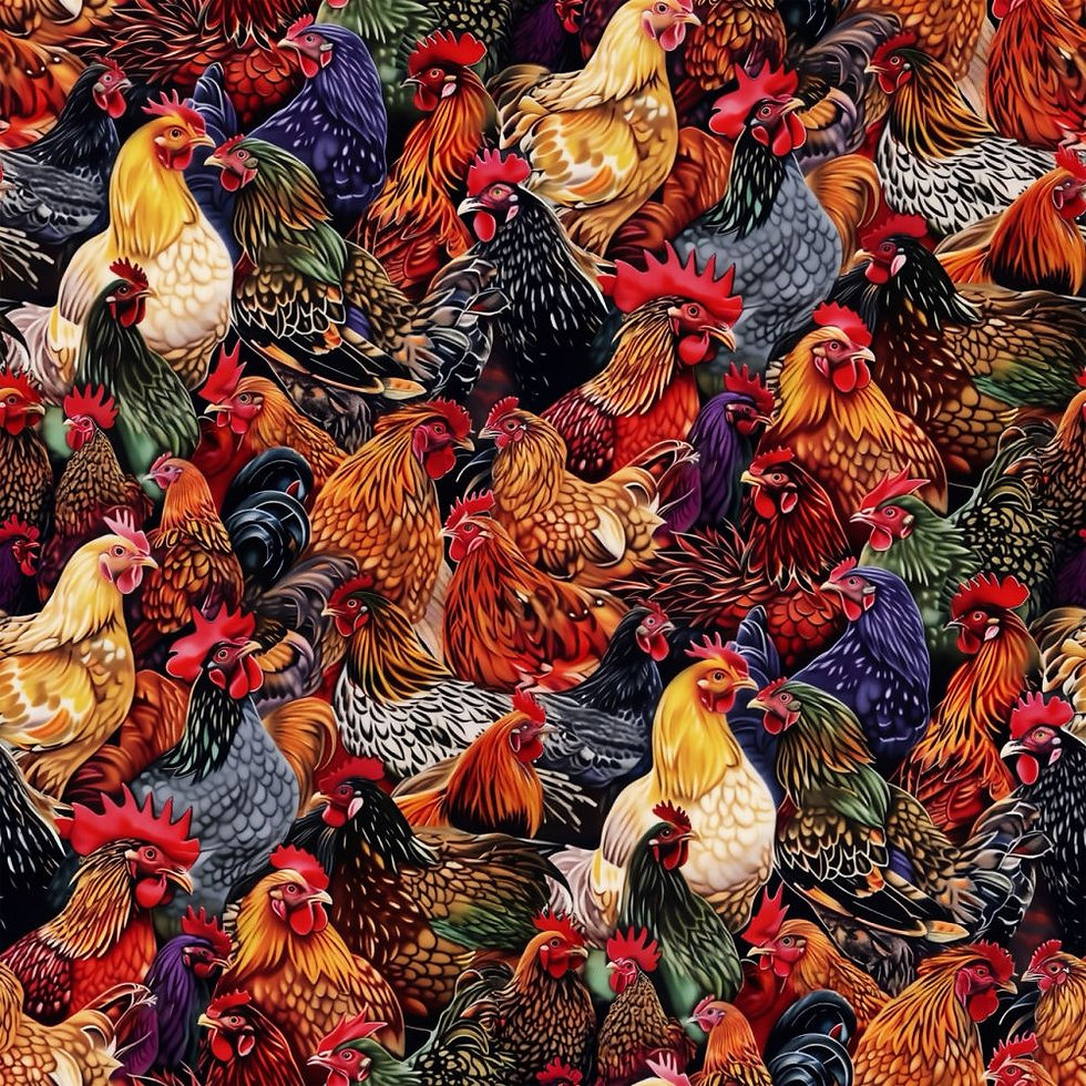 This bright fabric with colorful roosters on a black background.
