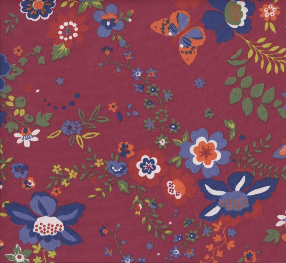 Burgundy floral and butterflies 60" wide fabric.