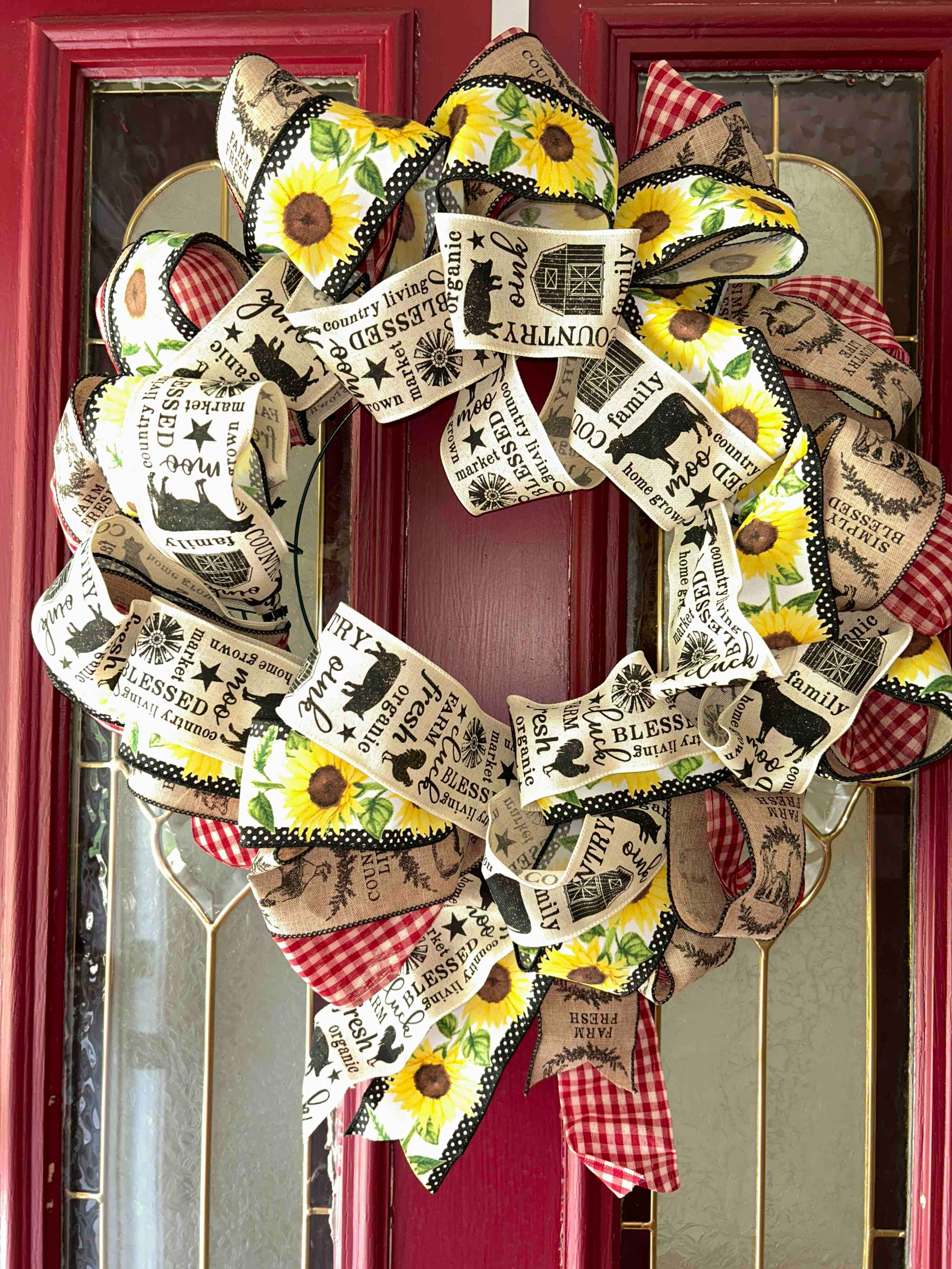 Sunflower Red Gingham Farm Ribbon Door Wreath