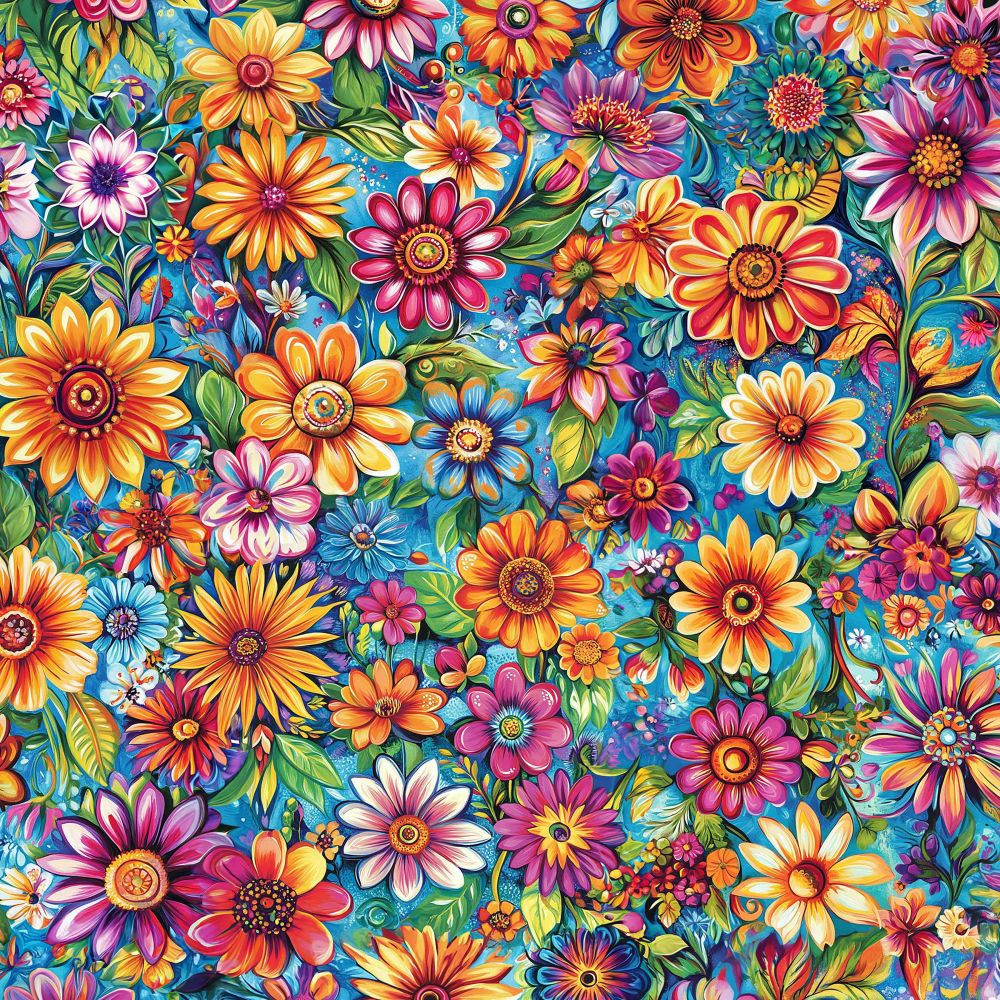 Bright Bold Colorful Flowers on a Teal Background