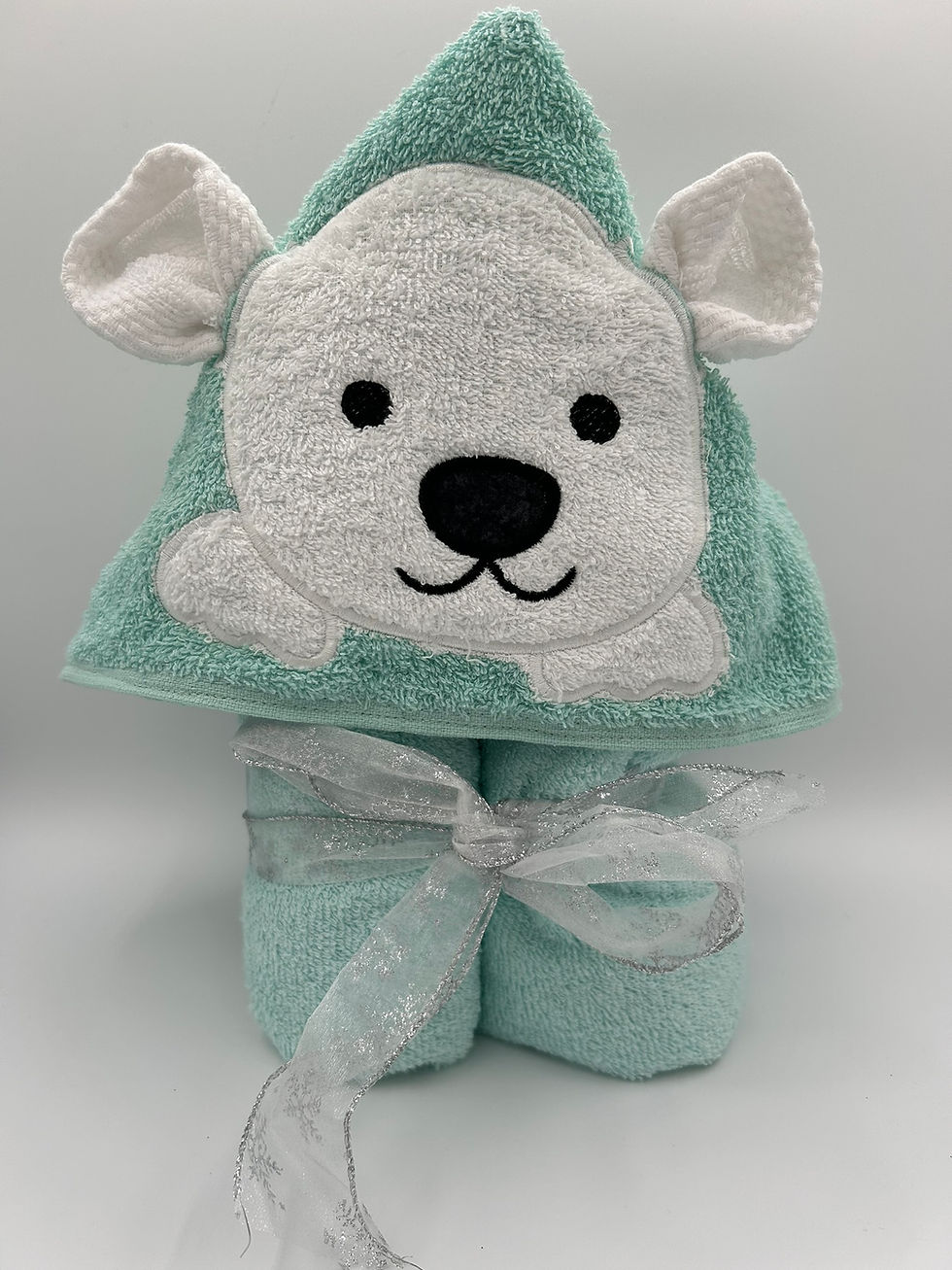 Applique Embroidered Mint Green Polar Bear Hooded Towel Custom Gift