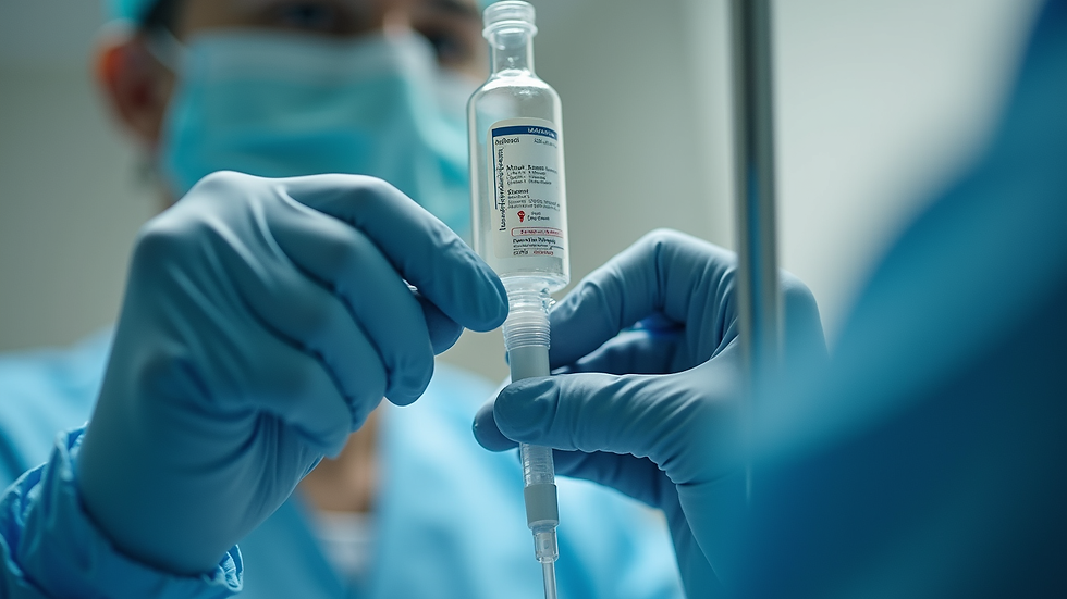 Close-up view of a medical professional preparing an IV infusion