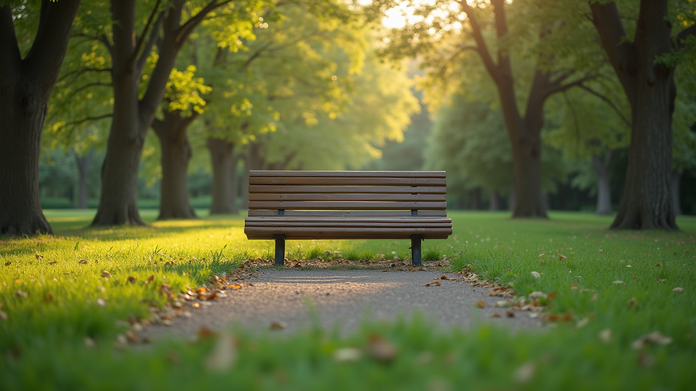 Eye-level view of a serene park bench surrounded by greenery