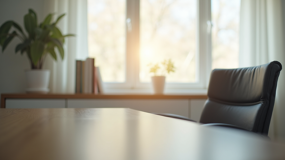Close-up view of a calm consultation room with a desk, chair, and soft natural light