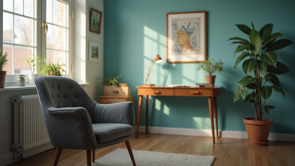 Close-up view of a psychiatrist’s office with a comfortable chair and desk