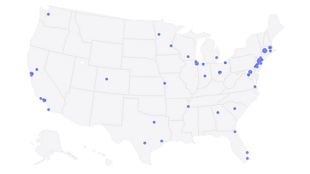 Map of the United States showing dots marking communities where Real Time Strategy has provided synagogue consulting services, with concentrations in the Northeast, Midwest, Southeast, and West Coast.
