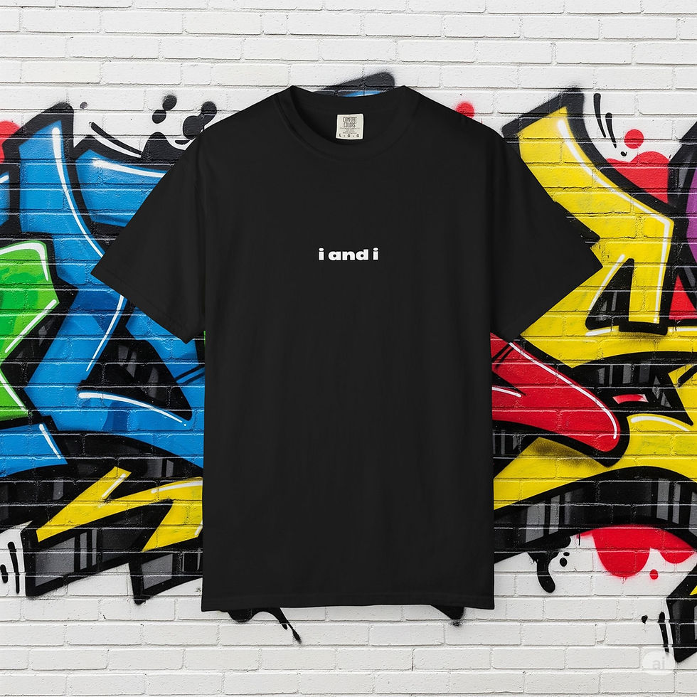 A black t-shirt with the text i and i in small white letters