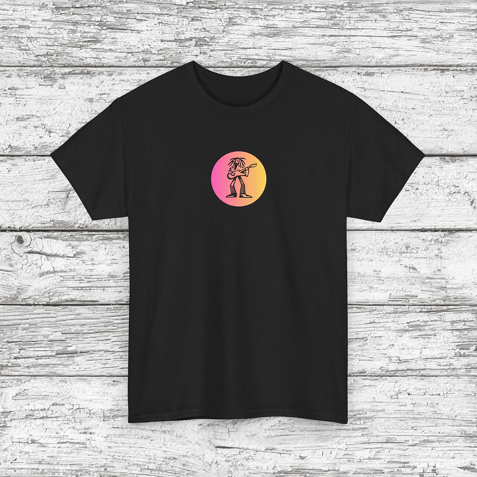 Black T-shirt featuring a small circular design in the center, showing a stylized Rasta man playing a guitar