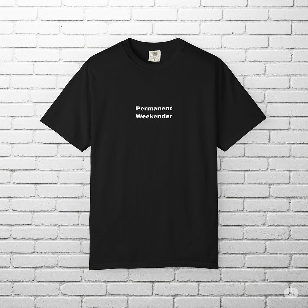 A black t-shirt with the words Permanent Weekender printed in white on the chest.