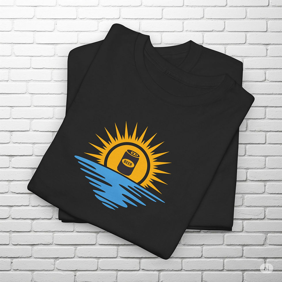 A black t-shirt featuring a graphic of a yellow sun with rays rising above blue water, with a beer can inside the sun