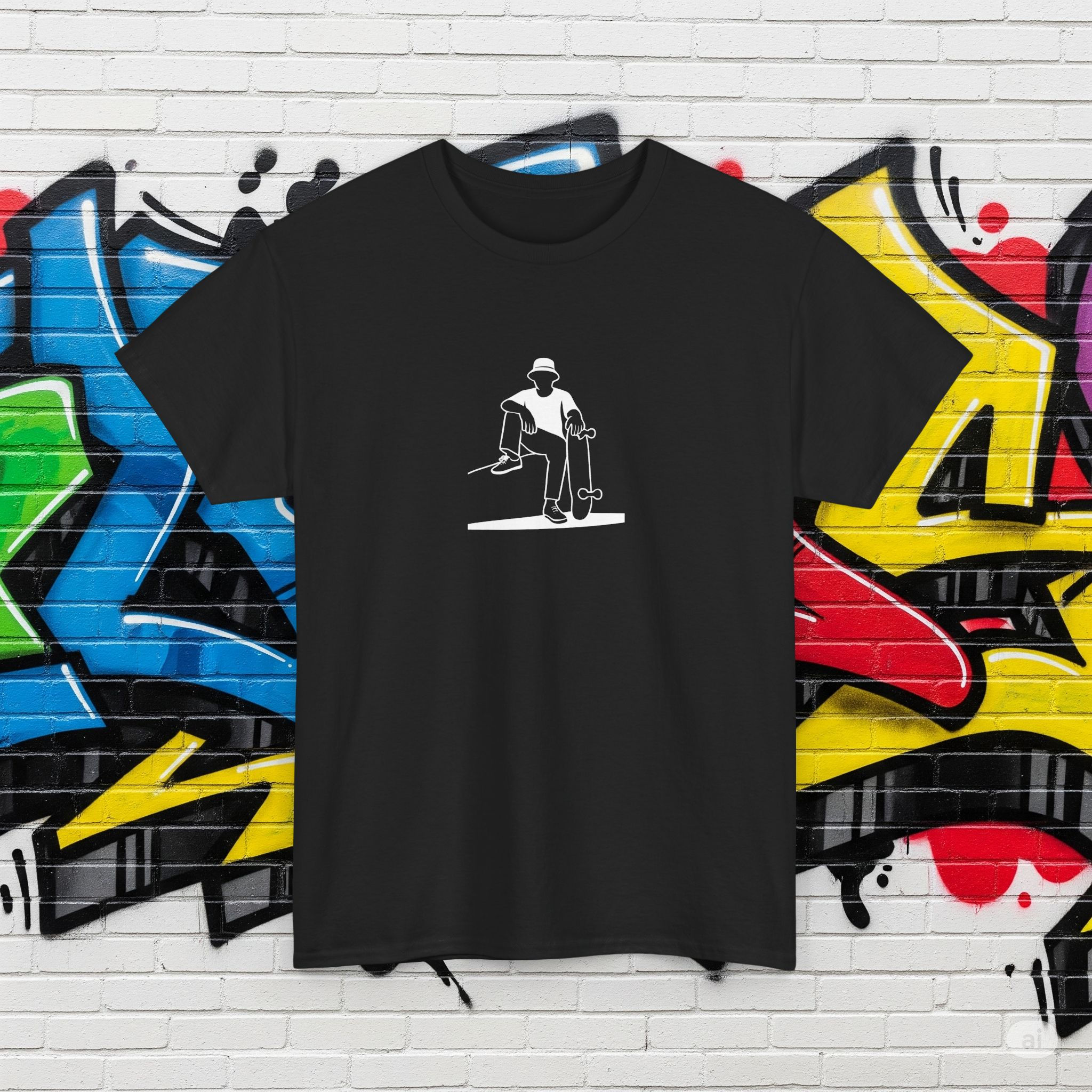 Black t-shirt featuring a minimalist white outline on a black background of a skateboarder sitting on a wall