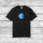 A black t-shirt features a blue circle on the chest with a rasta man in the center playing guitar