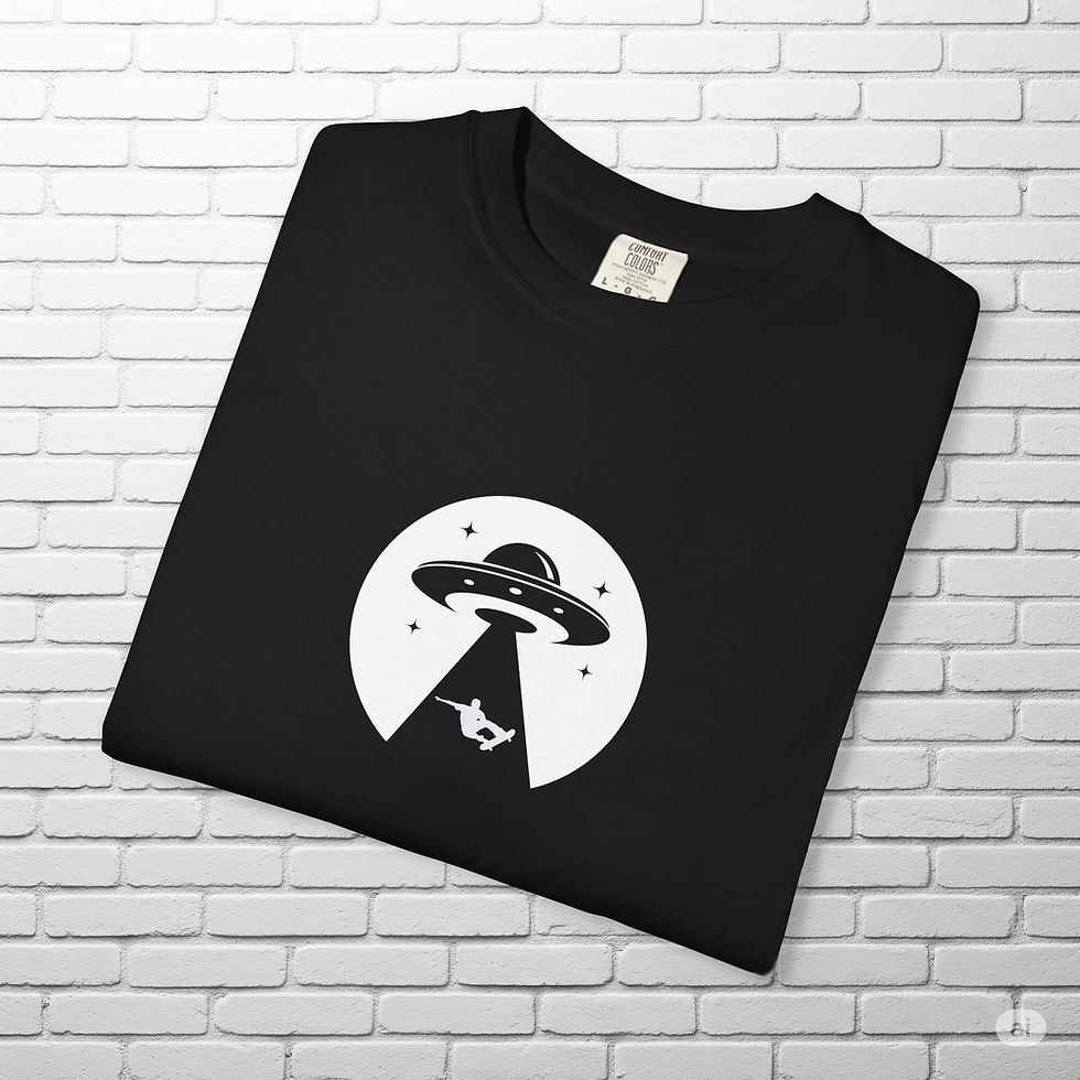 Black t-shirt with a white graphic of a UFO beaming up a skateboarder