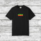 A black t-shirt with a small skateboard graphic on the chest, featuring three horizontal stripes in green, yellow, and red.