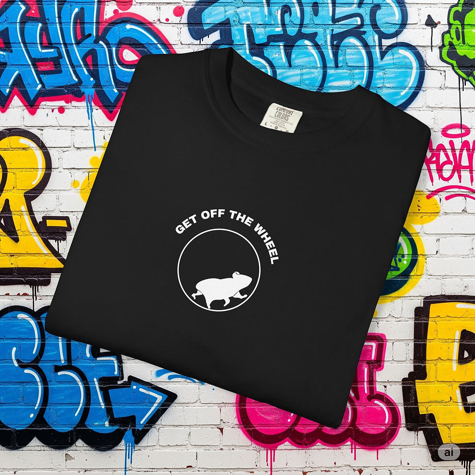 A black t-shirt with a small white graphic of a hamster running on a hamster wheel and the text GET OFF THE WHEEL below it