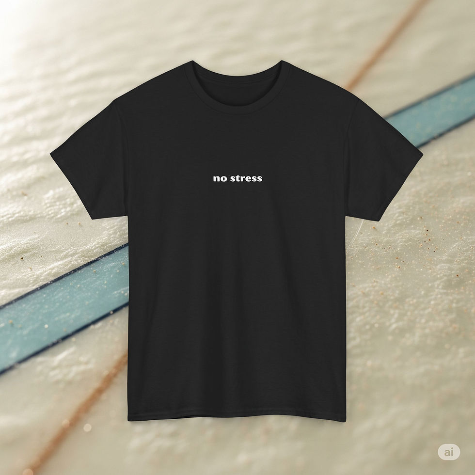 Black t-shirt with the phrase no stress in small, white lowercase letters centered on the chest