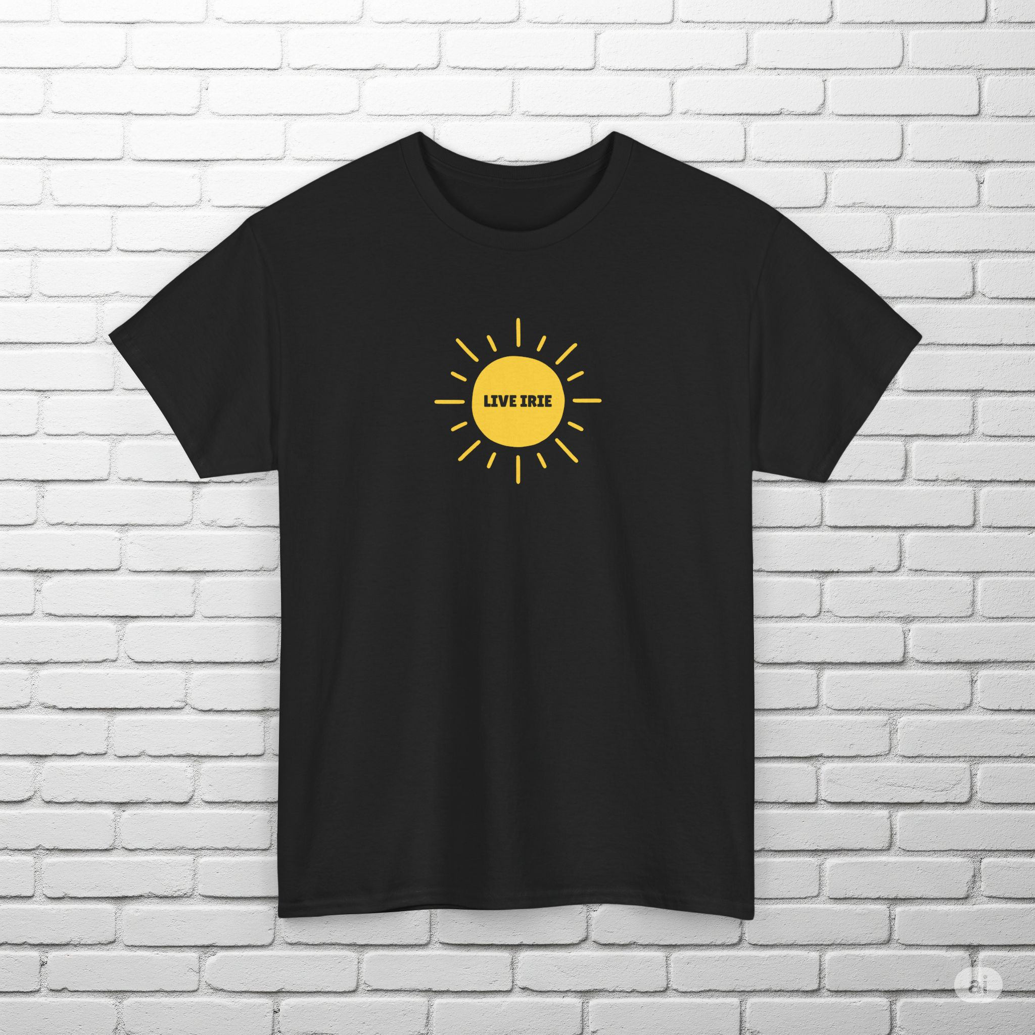 A black t-shirt featuring a yellow sun graphic in the center with the words LIVE IRIE written inside the sun.