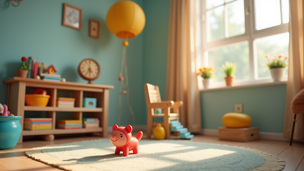 Close-up view of a colorful, organized playroom with educational toys and books