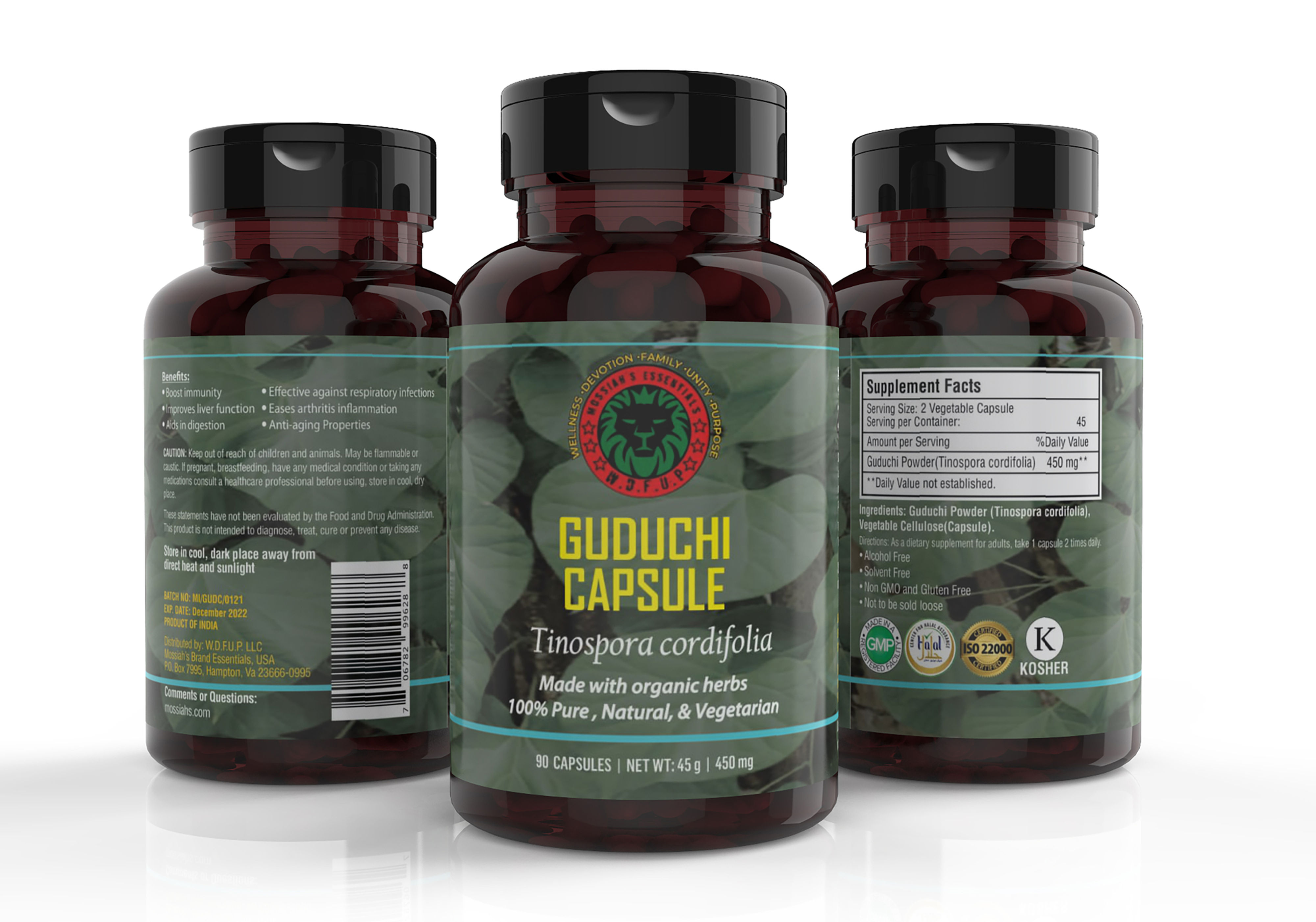 Product page for Guduchi Capsules (Tinospora cordifolia) by Mossiah's Essentials. The page shows three bottles of the supplement, which includes Guduchi, also known as Giloy, an ayurvedic herb. The product is priced at $19.95 with SKU 706782996288. Benefits include adaptogenic, antioxidant, and anti-inflammatory properties that help the body cope with stress, soothe inflammation, and prevent damage from free radicals. Guduchi can also stimulate the immune system, help fight infections and diseases, support healthy digestion, balance gut microflora, and reduce acid reflux. Studies suggest it may improve liver function, support healthy blood glucose levels, reduce allergy symptoms, and manage arthritis and osteoporosis. The description emphasizes the wide range of health benefits, highlighting why consumers should choose Mossiah's Essentials. A quantity selector and 'Add to Cart' button are available at the bottom of the page.