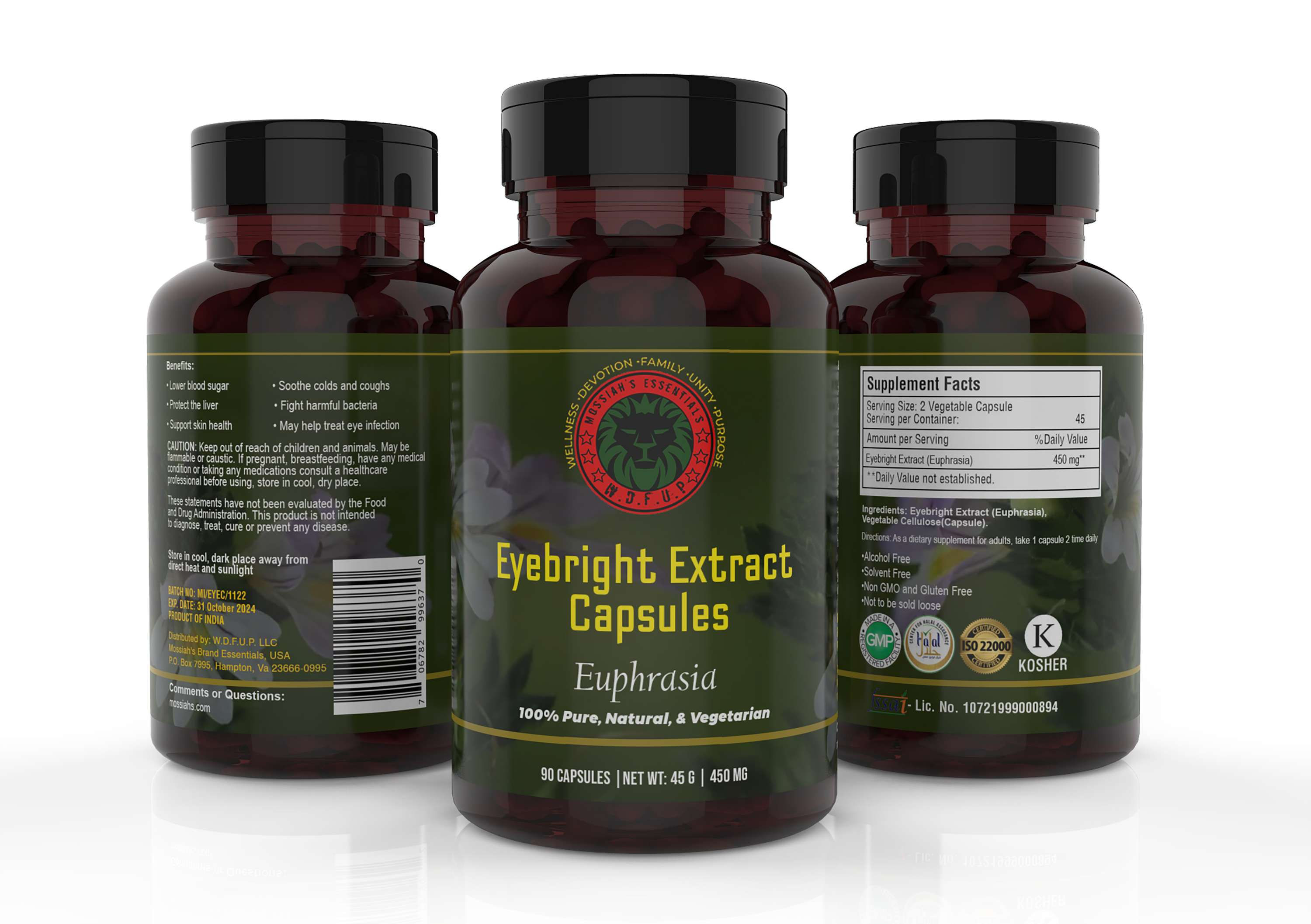 Product page for Eyebright Extract Capsules (Euphrasia) by Mossiah's Essentials. The page shows three bottles of the supplement, which includes Eyebright, a natural herb traditionally used for eye health. The product is priced at $21.95 with SKU 706782996370. Benefits include promoting visual clarity, alleviating eye strain and fatigue, reducing eye redness and inflammation, supporting overall eye health (including the cornea, retina, and conjunctiva), and alleviating respiratory symptoms like hay fever and sinusitis. The description emphasizes the use of all-natural ingredients, non-addictive properties, and suitability for regular use, highlighting why consumers should choose Mossiah's Essentials. A quantity selector and 'Add to Cart' button are available at the bottom of the page.