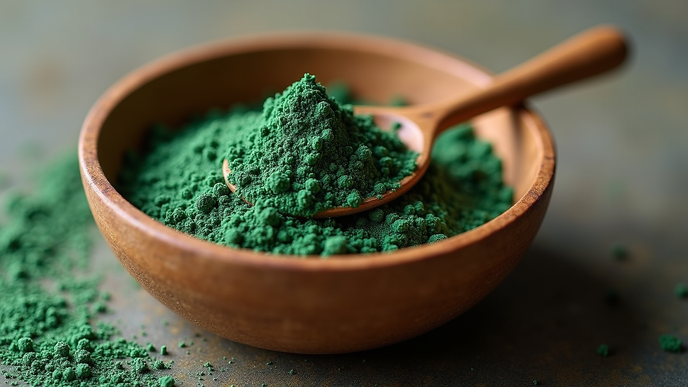 Eye-level view of spirulina powder in a wooden bowl with a spoon