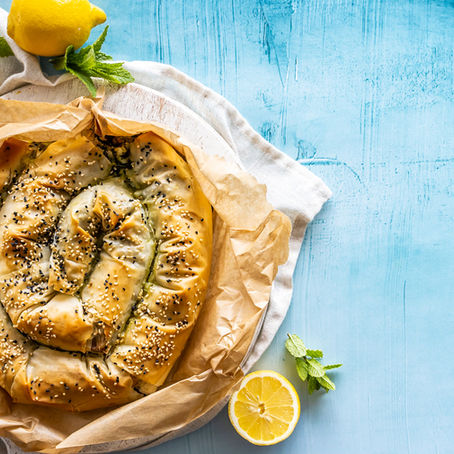 Golden spinach and feta pie made with crisp filo pastry and sprinkled with seeds