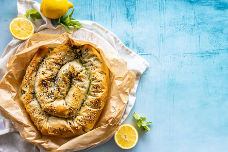 Golden spinach and feta pie made with crisp filo pastry and sprinkled with seeds