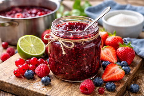 Jar of homemade apple and berry jam with fresh strawberries and red berries beside it