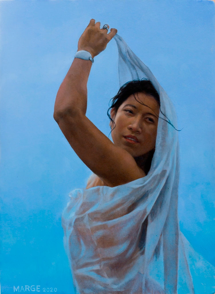 Woman holding a drapery